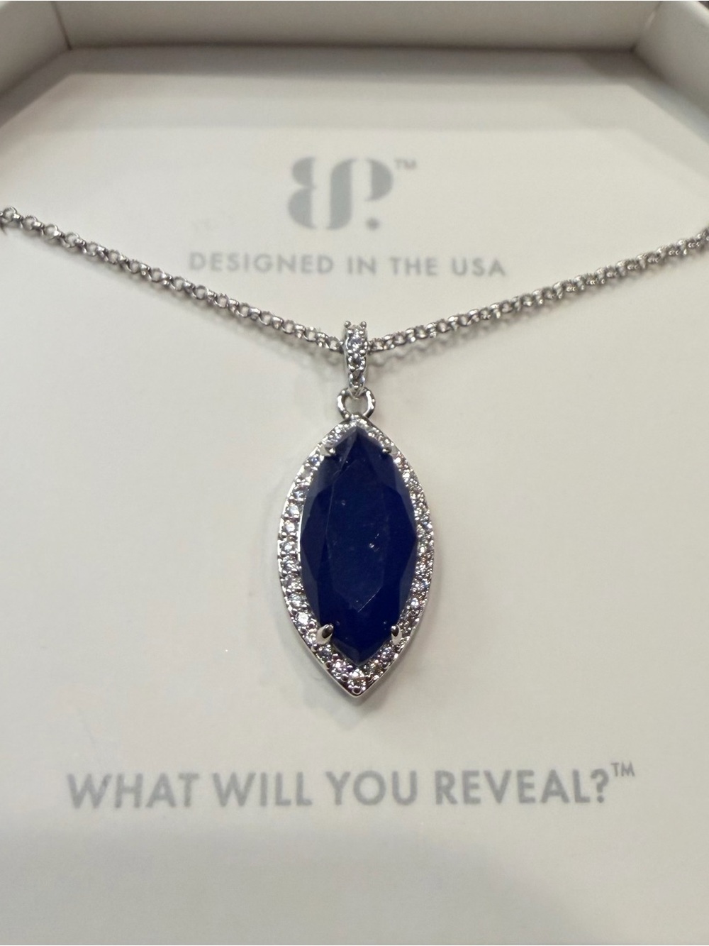 Deep Blue Marquise Pendant Necklace in Silver Tone